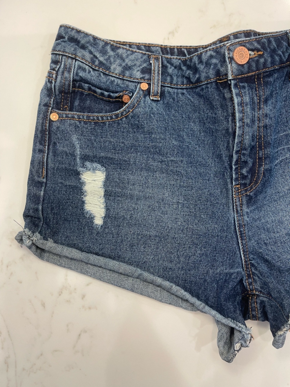 Refuge Mid-Rise Distressed Denim Shorts - Blue - Picture 2 of 14